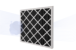 A rectangular air filter with a white frame and black mesh is shown with a stylized graphic background suggesting air flow and filtration.