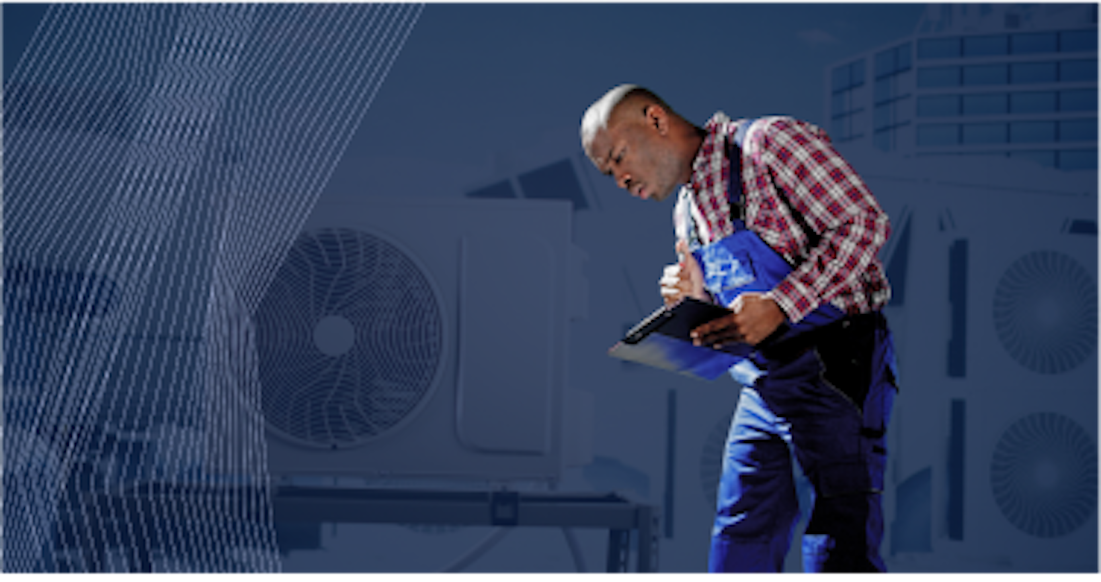 A technician in a plaid shirt and overalls examines a clipboard with a large industrial fan and abstract lines in the background.