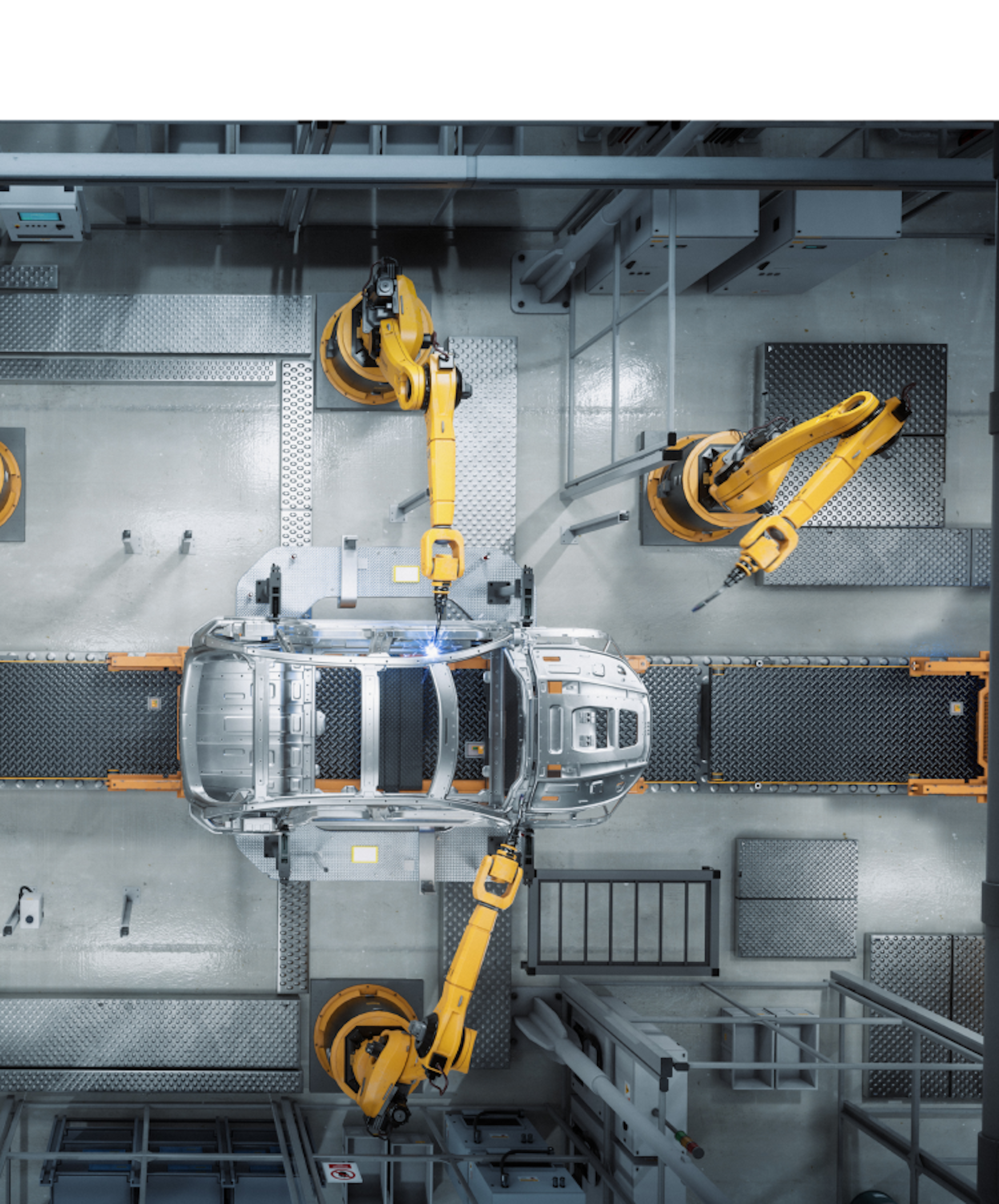  Robotic arms assembling a car on a conveyor belt.