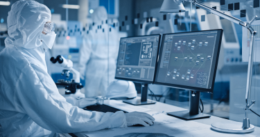 A scientist working on computer in a cleanroom. Cleanrooms need HEPA air filters for safe and reliable cleanroom air filtration.